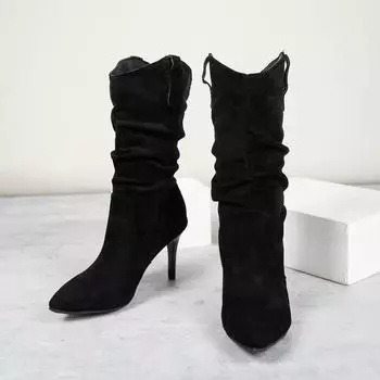 Fashion Women s thin heel single boots autumn new pointed head suede sleeve anti-slip wear-resistant mid-tube high heels 35 чёрный