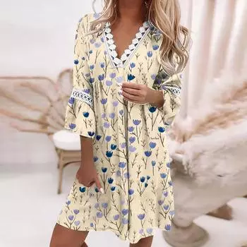 Fashion Women s V-neck Printed Lace Patchwork Bohemian Casual Resort Dress L