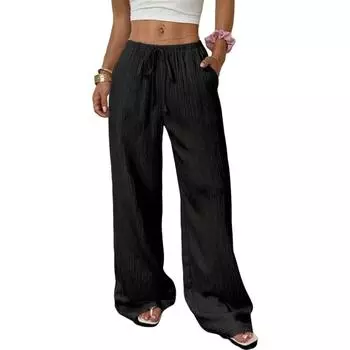Fashion Women s Versatile Drawstring Casual Solid Color Pleated Wide-leg Pants For Women L чёрный