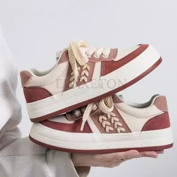 fashion Women s Vulcanized Shoes Spring and Autumn New PU Fashion Lace-up Thick Soles Women s Outdoor Comfortable Casual Flat Shoes 35 бежевый
