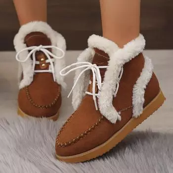 fashion Women s Warm Faux Fur Snow Boots, Winter Thermal Thick Plush Ankle Boots Woman Cozy Flat Heels Lace Up Cotton Padded Shoes Woman 36 шоколадный