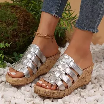 Fashion Women s Wedge Heel Thick-soled Slippers Plus Size Summer New Solid Color Woven Roman Beach Sandals for Women Sandalia Feminina 36 золотой