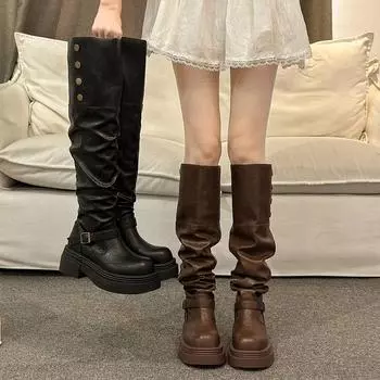 Fashion Women s Winter Studded Knee-high Boots Square Heel Round Head Middle Follow High Boots Sleeve Outdoor Leisure Fashion Shoes 2024 35 чёрный