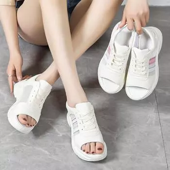 Fashion Women Sandals 2024 Summer New Flat Shoes Women Platform Sandals Comfortable Mesh Open Toe Casual Sports Ladies Shoes 35 бежевый
