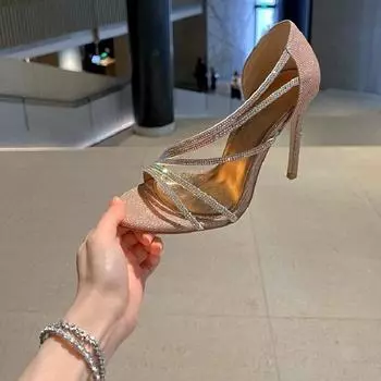 Fashion Women Sandals Elegant Party Wedding Shoes Bride Summer High Heels Rhinestone Fashion Sexy Sweet Woman Dress Slip-on Stiletto New 35 шампанского