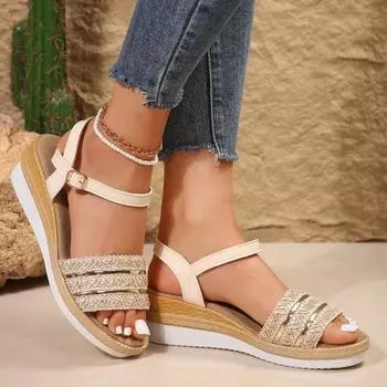 Fashion Women Sandals Fashion Cloth Clasp Open Toe Thick Sole Wedges High Heels Sandals 2024 Classic Leisure Sandalias Shoes for Women 36 бежевый