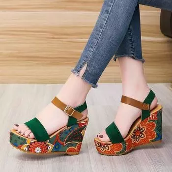 Fashion Women Sandals Shoes Printing Slope Heel High Waterproof Platform Ladies Ankle Strap Female Round Toe Summer Fashion Colorful 35 зелёный