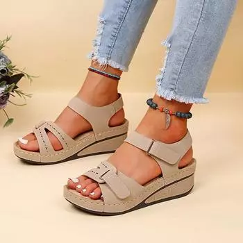 fashion Women Sandals Soft Bottom Wedge Heels Sandals Summer Shoes Women Platform Sandalias Mujer Elegant Wedges Shoes For Women 2024 35 бежевый