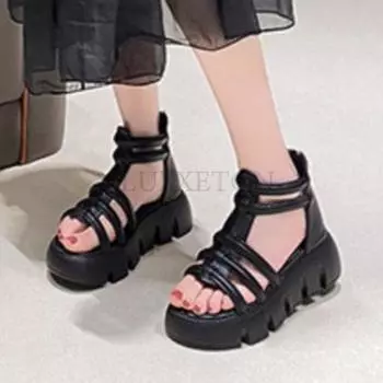 Fashion Women Sandals Summer Leisure Thick Soled Ankle Boots Strap Buckle Classic Round Toe Shoes Roman Sandals 35