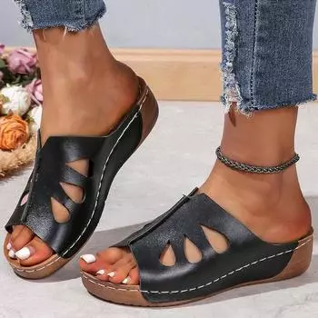 модные женские босоножки женские босоножки на каблуке с танкеткой летняя обувь для женщин босоножки на платформе 2024 летние тапочки босоножки на каблуке женские 36 чёрный