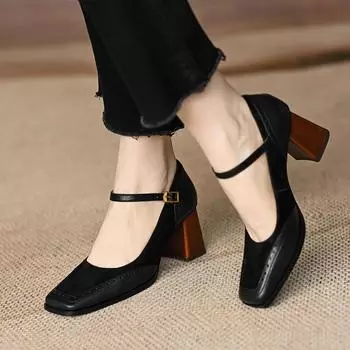 Fashion Women Shallow High Heels Chunky Shoes 2024 Autumn Designer Square Toe New Fashion Walking Shoes Pumps Sexy Dress Mujer Zapatos 34 коричневый
