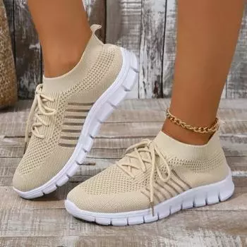 Fashion Women Shoes 2024 Casual Lace Up Ladies Vulcanize Shoes Autumn New Mesh Breathable Women s Sneakers Zapatos De Mujer 36 бежевый