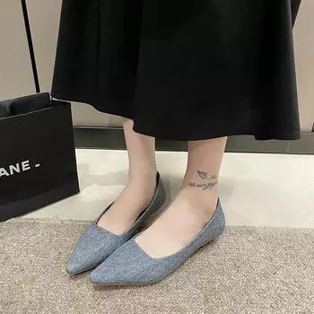 Fashion Women Shoes 2024 Spring Autumn Ladies Casual Flat Shoes Pointed Toe Denim Low Heel Single Shoes Shallow Comfort Loafers 35 бежевый