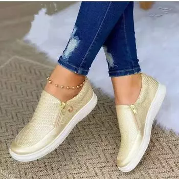 fashion Women Shoes Crystal Slip On Flat Loafers Zipper Embossed leather Ladies Autumn Glitter Platform Fashion Female Moccasins 36 белый