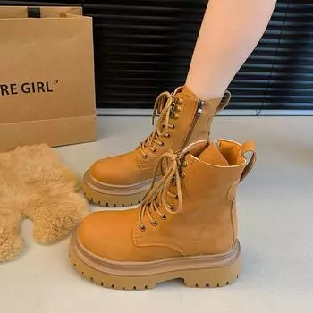 Fashion Women Shoes Round Toe Women s Ankle Boots 2024 New Fashion Lace Up Solid Color Chunky Modern Female Shoes Zapatillas Mujer 35 бежевый