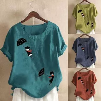 Модный женский винтажный топ из хлопка и льна с коротким рукавом и цветочным принтом XL тёмно-синий