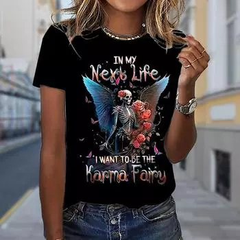 Fashion Women Skeleton Butterfly Print T Shirt Funny Casual O-neck Short Sleeves T-shirt Summer Female Tee Shirt XS чёрный