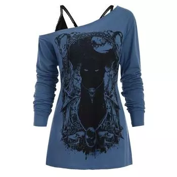 Fashion Women Skew Neck Cold Shoulder Cat Print Gothic Tee With Cami Top L