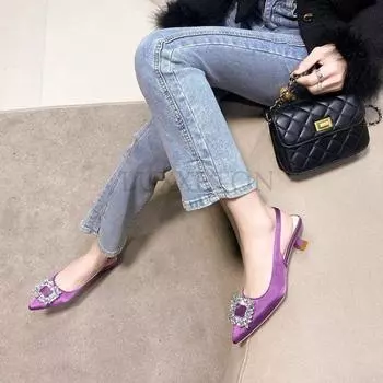fashion Women Slip on High Heels Sexy Pointed Toe Office Shoes Stiletto Soft Women High Heels Bow Green High Quality Shoes 35 чёрный