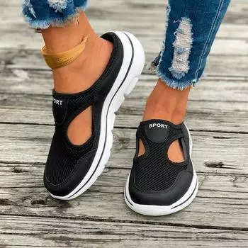 Модные женские тапочки, дышащая сетка, повседневная обувь на плоской подошве, для дома, легкие, прочные, без застежек, для пар, прогулочные спортивные сандалии 36 чёрный