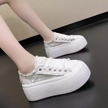 Fashion Women Sneakers 6CM Thick Soled Canvas Shoes Lace-up Flats Casual Ladies Platform Tennis Sport Shoe Vulcanized Zapatos 35 чёрный