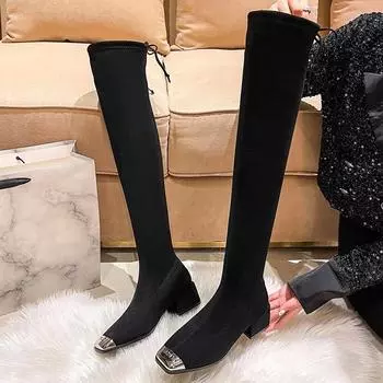 модные женские замшевые высокие сапоги на среднем каблуке зимние дизайнерские туфли с квадратным носком женские 2024 прогулочные туфли-лодочки элегантные женские зимние ботинки 35 чёрный