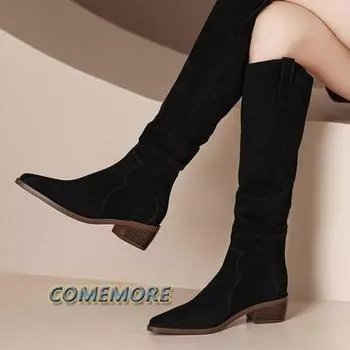Fashion Women Suede Knee High Boots Ladies Solid Pointed Toe Tall Boots Retro Roman High Heels Shoes 2024 Female Autumn Winter Long Boot 35 чёрный
