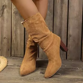 Модные женские замшевые кожаные сапоги до середины голени, сексуальные остроносые сапоги на высоком каблуке, плиссированные длинные сапоги, модные женские сапоги на толстом каблуке 35 чёрный