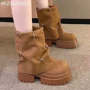 Fashion Women Suede Platform Ankle Boots Winter Mid Heels Shoes Woman 2025 Trend Designer New Snow Dress Motorcycle Boots Mujer Botas 35