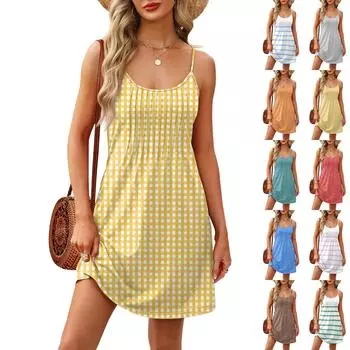 Fashion Women Summer Dress Striped Plaid Print Adjustable Spaghetti Straps Beach Vacation Casual Dress With Pockets XXL зелёный
