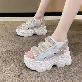 Fashion Women Summer New High-Heeled Sandals 9CM Plus High Thick-Soled Sandals Summer Fashion Breathable Wedges Beach Slippers 34-39 34 чёрный