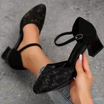 Fashion Women Sweet High Quality Black Leather Buckle Strap High Heel Shoes Lady Cool Comfort European Stylish Heel Shoes 36-43 36 чёрный