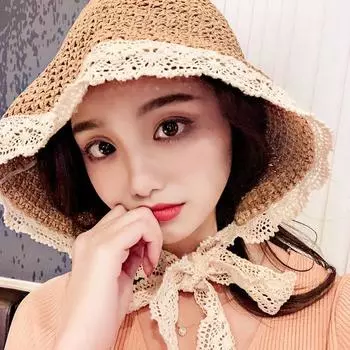 Модная женская соломенная шляпа из кружева, милая пляжная шляпа для девочек бежевый