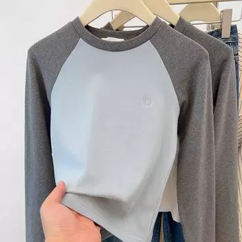 Fashion Women T-shirt spring autumn long SleeveO-Neck casual Color blocking Slim t shirt Ladies y2k crop Tops Clothes Streetwear M