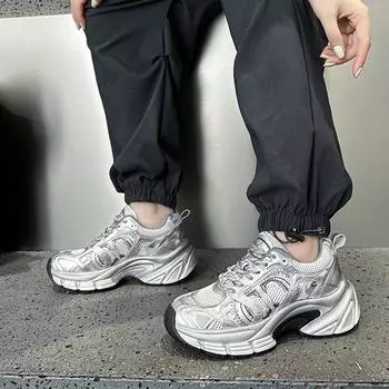 Fashion Women Thick Sole Height Increasing Tenis Shoes Lace Up Sneakers Casual Ladies Fitness Versatile Thick-soled Mesh Breathable Shoe 35 серебряный