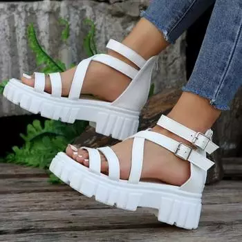 Fashion Women Thick-soled Roman Sandals 2024 Summer Fashion Women s Shoes Leisure Open Toe Chunky High Heels For Female Sandalias Mujer 36 белый