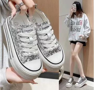 Fashion Women Thick-soled Sneakers Retro Printing Platform Casual Canvas Shoes Students Vulcanize Street Plimsolls Skateboard 35 чёрный