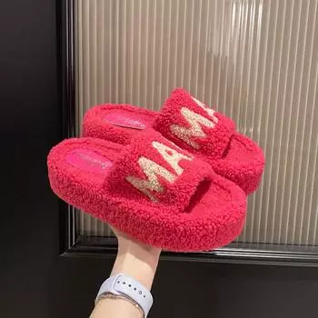 Fashion Women Thicken Plush Fur Slippers 2024 Winter Slip on Chunky Platform Loafers Mules Woman Thick Bottom Cotton Slippers Flip Flops 38