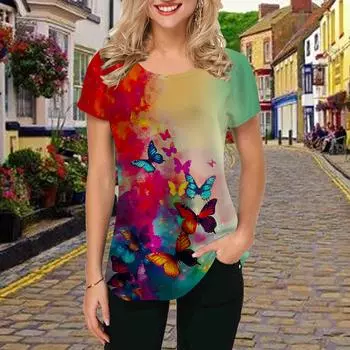 Fashion Women Tie-dyed Print T Shirt Funny Casual O-neck Short Sleeves T-shirt Summer Female Tee Shirt XS фиолетовый