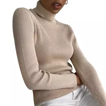 FASHION Women Turtleneck Long Sleeve Bottoming Shirt Solid Color Ribbed Slim Fit Knitting Pullover Tops Elastic Knitwear кофейный