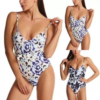 Fashion Women V Neck Sling Printed Slimming Swimwear Swimsuit M чёрный