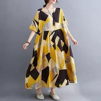 МОДА Женское винтажное свободное платье с геометрическим принтом Контрастный цвет Короткие рукава Бохо Праздничное повседневное платье One Size жёлтый