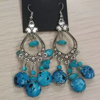 Fashion Women Vintage National Wind Tassel Earring Bohemian Long Carved Flower Beads Jewelry ARI синий