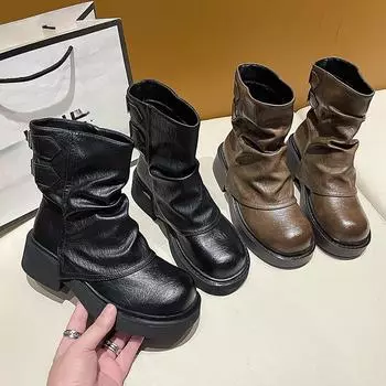 Fashion Women Vintage Platform Ankle Boots Female Autumn Winter Design PU Leather Short Boot Woman Platform Non Slip Belt Buckle Booties 35 чёрный