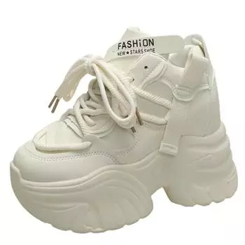 Fashion Women Walking Sneakers Autumn Lace-up High Platform Chunky Shoes Breathable Leather Shoes 10.5CM Winter Wedge Heels Casual Shoes 34 хаки