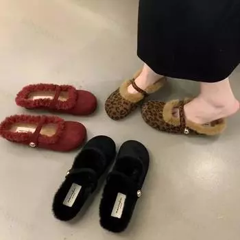 Fashion Women Wear Mules Shoes Comfort Fur Fully Slippers New 2024 Autumn Winter Fashion Leopard Lazy Slippers Flat Bottom Half Slippers 35 красный