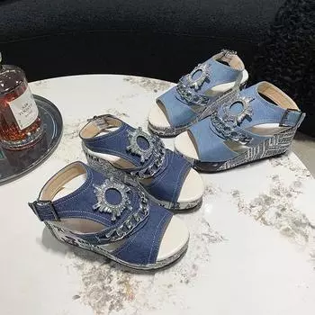 Fashion Women Wedge Denim Super High Heels Sandals Women Wedges Platform Dress Slippers 2024 Summer Designer Rhinestone Pumps Zapatillas 35 светло-синий