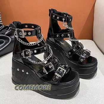 Fashion Women Wedges Sandals High Heel Gothic Punk Comfy Walking Zip Chains Fashionable Summer Platform Sandal Woman Shoes Large Size 43 35