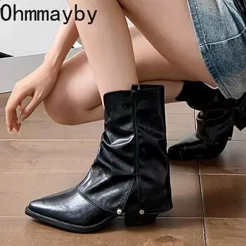 модные женские ковбойские сапоги в стиле вестерн, модные короткие ботильоны с острым носком, элегантные женские туфли на толстом каблуке, зимняя удобная женская обувь 35 чёрный