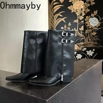 модные женские ботинки в стиле ковбойши в стиле вестерн, модные полусапожки с боковыми молниями, осенние женские туфли на толстом каблуке в стиле ретро 35 чёрный